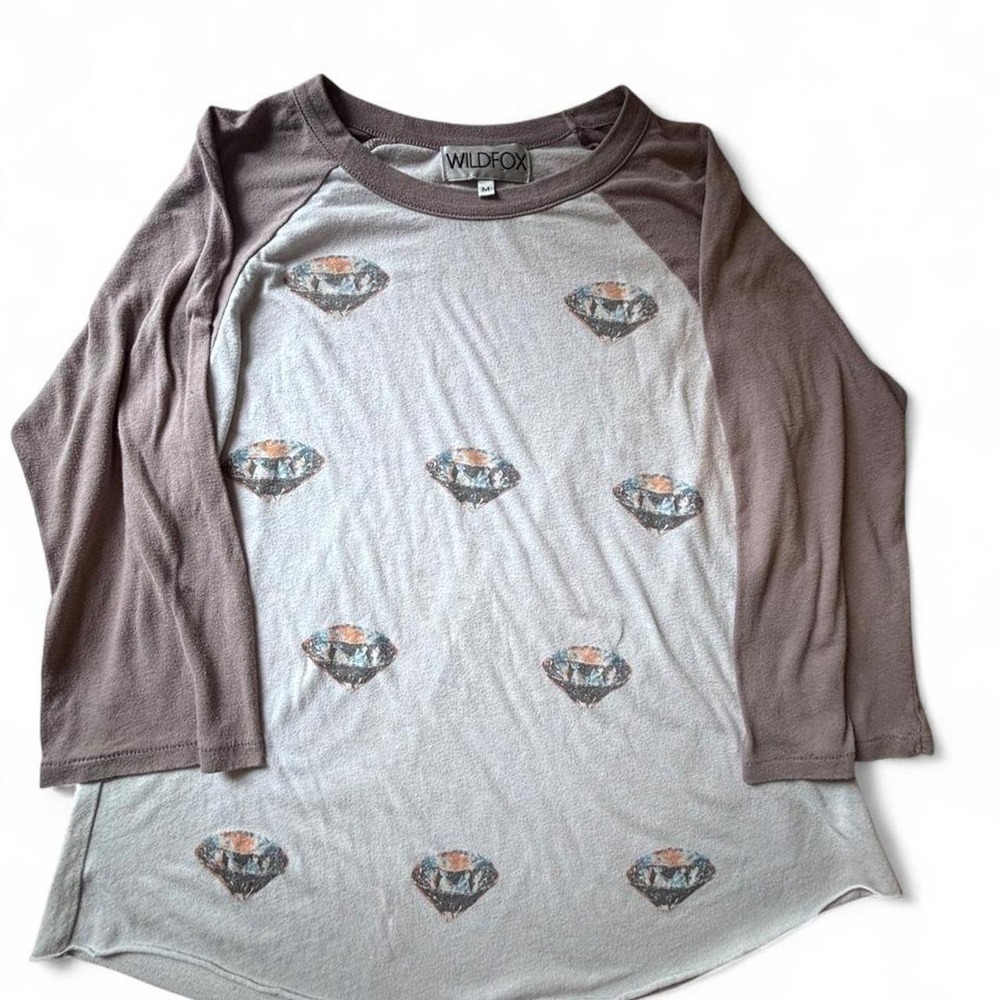 Wildfox Diamond Print Raglan Baseball Tee Grey Brown 3/4 Sleeve Size M
